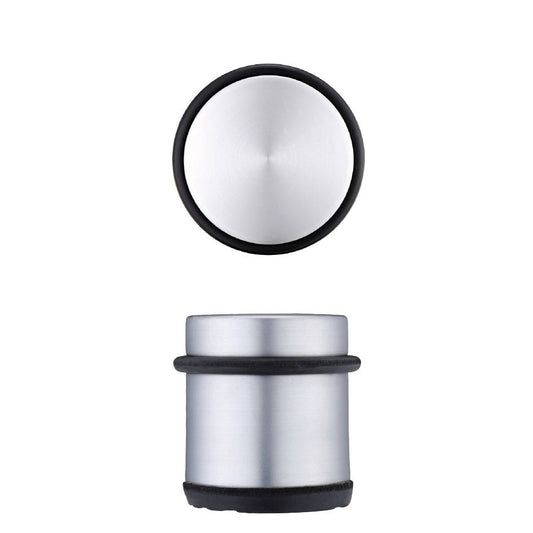 Zoo Hardware Portable Pillar Door Stop 770g in silver, featuring a sturdy design with a rubber bottom for grip and a smooth metallic top. The door stop is suited to hold doors open securely.