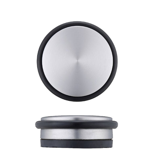 Zoo Hardware Portable Door Stop 1kg featuring a round, brushed stainless steel top with a rubber base for stability. The design allows it to hold doors securely in an open position.
