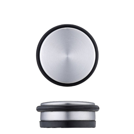 Zoo Hardware Portable Door Stop 750g in a round design featuring a stainless steel top and a black rubber base, designed to securely hold doors open.