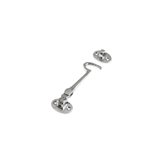 Zoo Hardware Cabin Hook (Lightweight) 4" in a shiny metallic finish, featuring a curved hook design and two mounting plates for secure installation.