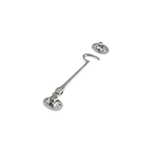 Zoo Hardware Cabin Hook (Lightweight) 6" in a silver finish, designed with a curved hook and attachment plates, featuring a simple and functional style suitable for securing doors or gates.