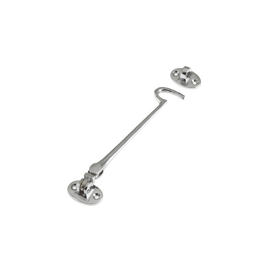 Zoo Hardware Cabin Hook (Lightweight) 8" in silver finish, featuring a long hook and two mounting plates for secure installation on doors or gates.