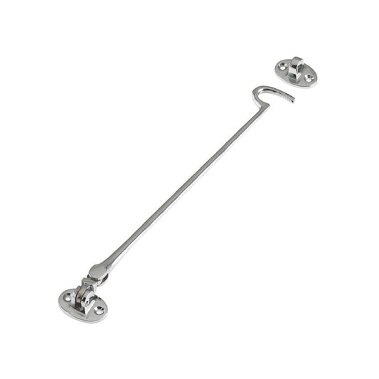 Zoo Hardware Cabin Hook (Lightweight) 12" in a chrome finish, featuring a long metal hook and two mounting plates for securing doors or gates.