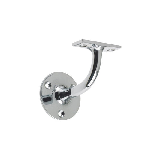 Zoo Hardware Handrail Bracket (Heavyweight) in chrome, featuring a curved arm with a square mounting plate and a circular base with multiple holes for secure installation.