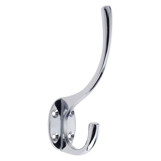 Zoo Hardware Hat and Coat Hook measuring 5 inches in height and 2 inches in projection, featuring a sleek, polished chrome finish with a double hook design for versatility.