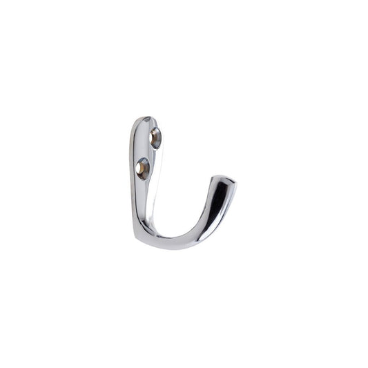 Zoo Hardware Single Robe Hook in a polished chrome finish, featuring a curved hook design and two mounting holes for easy installation.