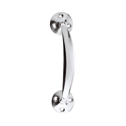Zoo Hardware Victorian Bow Handle – 6" in polished chrome, featuring a curved design with round backplates, ideal for doors or cabinets.