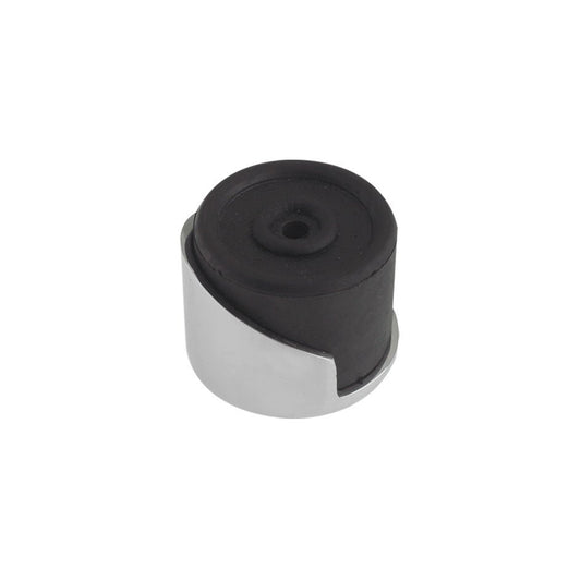Zoo Hardware Round Floor Mounted Door Stop with a round rubber head in black and a chrome base, designed for floor installation to prevent doors from hitting the wall.