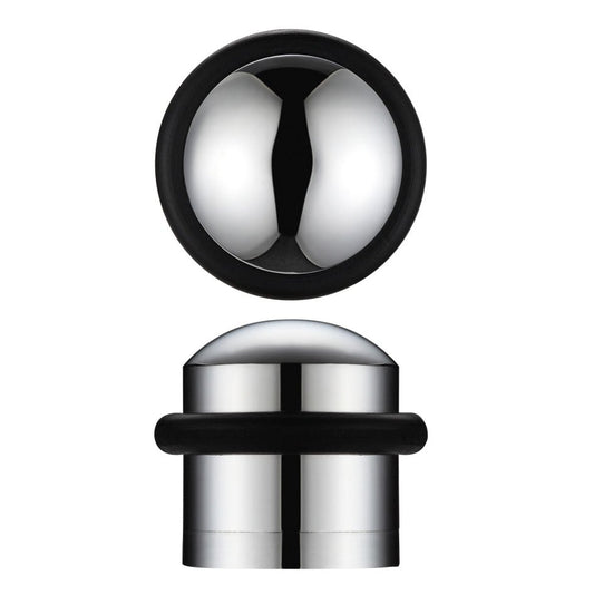 Zoo Hardware Domed Floor Mounted Door Stop with a diameter of 31mm and a projection of 35mm, featuring a shiny metal dome shape with a black rubber ring for stability.