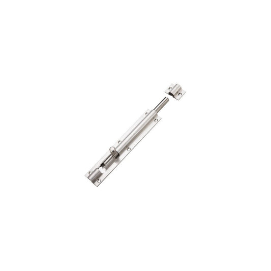 Zoo Hardware Barrel Bolt 900x40mm in silver finish, designed with a cylindrical locking mechanism and a mounting plate, includes keeps and screws for installation.