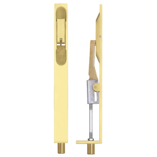 Zoo Hardware Lever Action Flush Bolt measuring 20 x 200mm in a gold finish, featuring a lever mechanism and a sturdy structure suitable for securing doors.