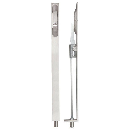 Zoo Hardware Lever Action Flush Bolt in a stainless steel finish, measuring 20mm in width and 305mm in length, designed with a radius end for flush fitting, featuring a trigger mechanism for locking and unlocking.
