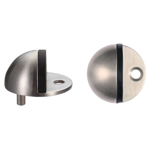 Zoo Hardware Door Stop - Floor Mounted Oval - 40mm features a brushed satin nickel finish with a rubber insert on one side and a mounting plate. The design includes a cylindrical shape, ideal for securing doors.