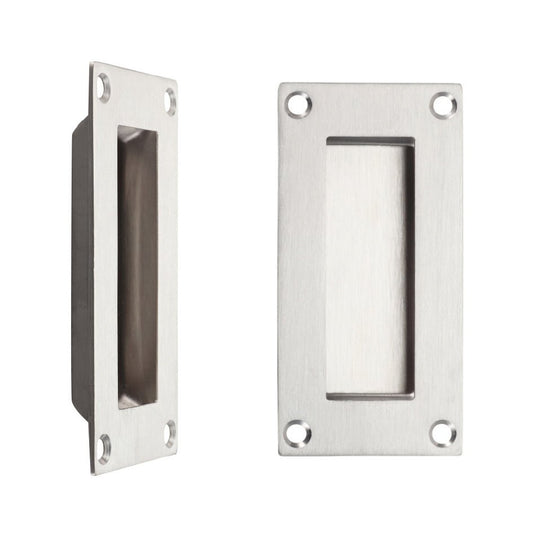 Zoo Hardware Flush Pull measuring 100mm x 50mm, made of brushed stainless steel, featuring a rectangular shape with rounded edges and four mounting holes for installation.