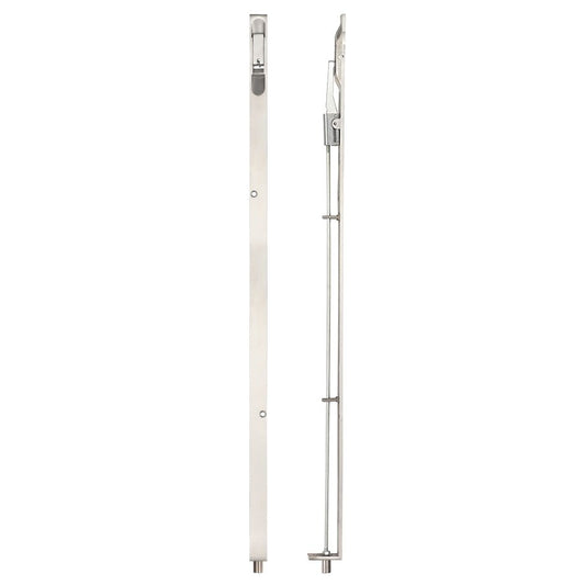Zoo Hardware Lever Action Flush Bolt in a polished chrome finish, measuring 20 x 609mm with a radius design. Shown with a slim profile and functional mechanism for secure locking.