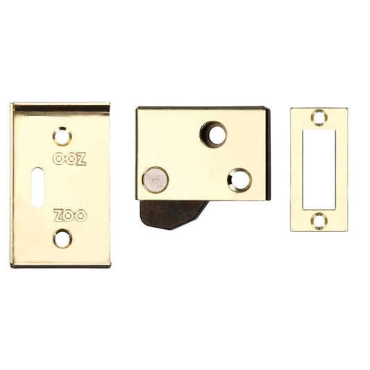Zoo Hardware Hush Latch measuring 65mm x 40mm in a brass finish, consisting of a latch and two strike plates, designed for secure door operation.