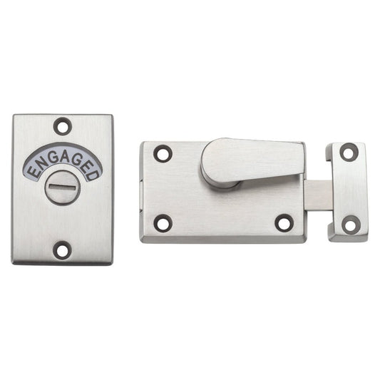 Zoo Hardware Toilet Door Indicator in a brushed stainless steel finish, featuring a bolt mechanism with an 'ENGAGED' indicator, designed for installation on toilet doors.