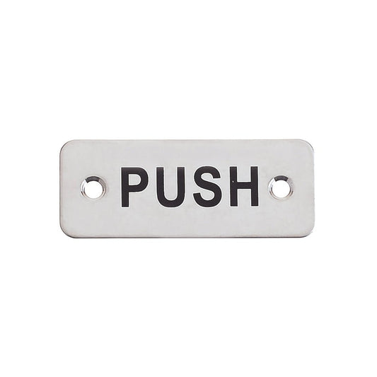 Zoo Hardware Rectangular Push Sign measuring 75 x 30mm, featuring a silver metal finish with the word "PUSH" in bold black letters and two mounting holes.