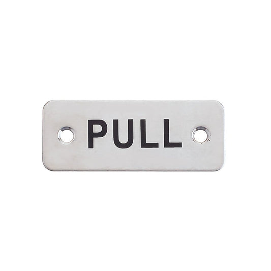Zoo Hardware Rectangular Pull Sign measuring 75 x 30mm, made of metal with a brushed finish, featuring the word "PULL" in bold black text on the surface.