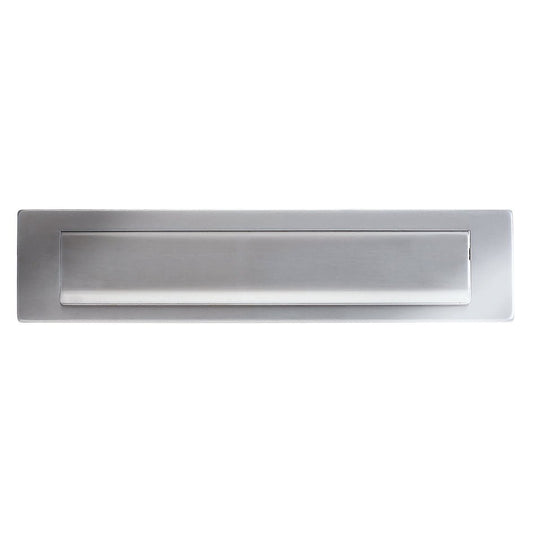 Zoo Hardware Letter Plate measuring 340mm by 75mm with 312mm centers, featuring a sleek metallic finish and rectangular design, suitable for mounting on doors.