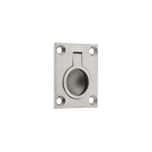 Zoo Hardware Flush Ring Pull in brushed stainless steel with a circular recess and four mounting holes, designed for easy grip and installation on various surfaces.