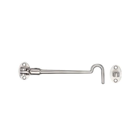 Zoo Hardware Cabin Hook - SS304 in stainless steel finish, featuring a curved hook design and plate for secure installation. Includes a latch for added functionality.