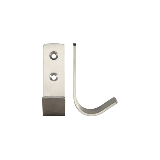 Zoo Hardware Single Coat Hook in brushed stainless steel with a flat rectangular base and a curved hook for hanging items, designed for wall mounting.