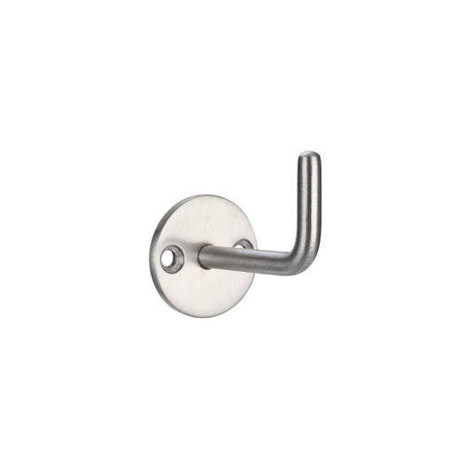 Zoo Hardware Circular Single Robe Hook in brushed stainless steel, featuring a round backplate and a single curved hook design for wall mounting.