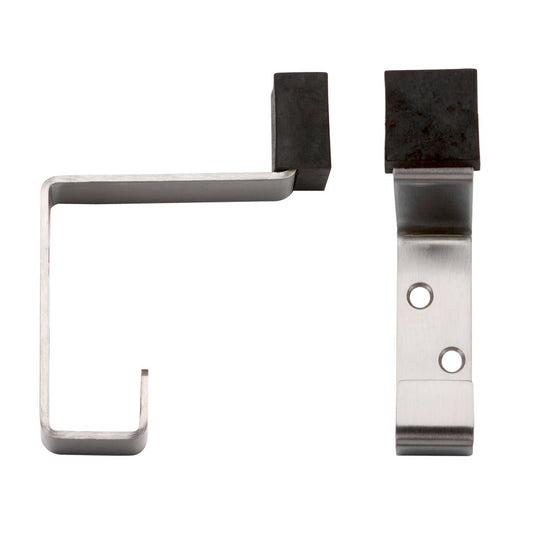 Zoo Hardware Hat and Coat Hook with Rubber in brushed stainless steel finish, featuring a sturdy hook design and rubber cap for added grip. The hook is mounted on a flat base with two holes for secure installation.