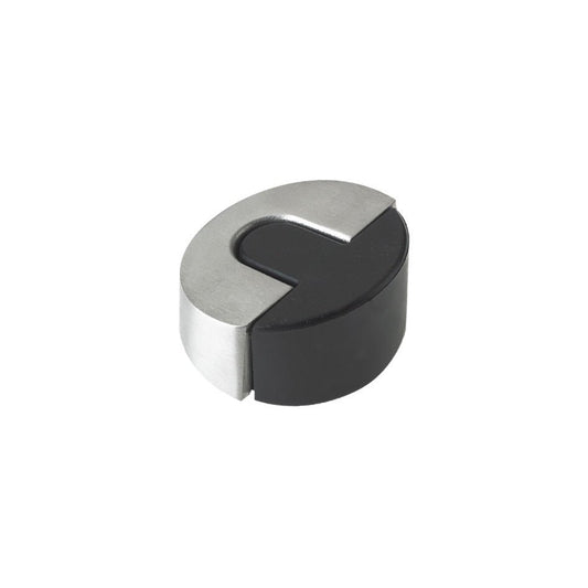 Zoo Hardware Door Stop Floor Mounted Sloped with a 45mm diameter, featuring a combination of black rubber and silver stainless steel components designed to prevent doors from hitting walls.