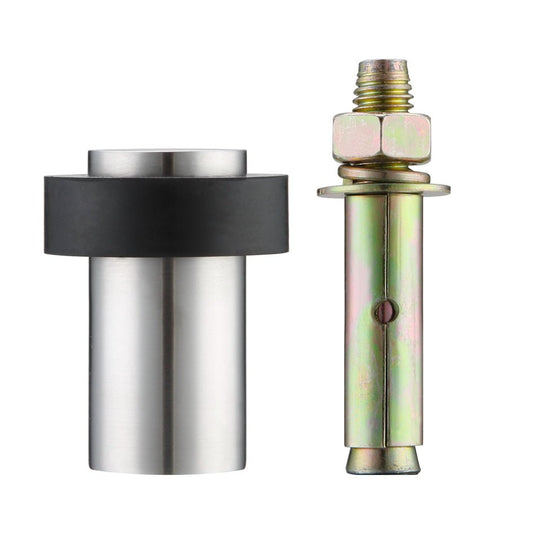 Zoo Hardware Door Stop Anchored Heavy Duty - Round Collared Flat Top features a cylindrical stainless steel body with a black rubber collar and an accompanying metal anchor bolt for installation.