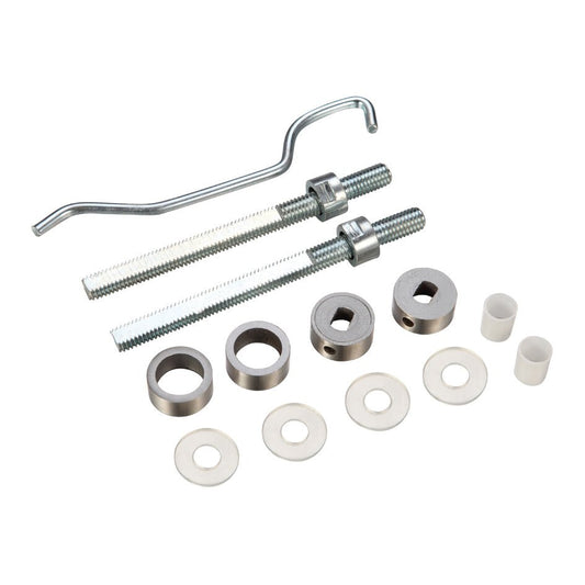 Zoo Hardware 19mm Back to Back Fixing Pack, designed for SS201 and SS304 Pull Handles, includes two threaded rods, washers, spacers, and a mounting tool, all finished in metallic tones.