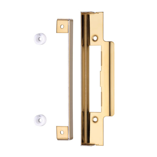 Zoo Hardware Rebate Kit to suit Contract Sash/Bathroom Lock in a polished gold finish, featuring two metal parts with mounting holes and two white plastic spacers.