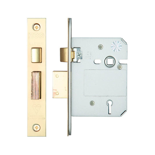 Zoo Hardware British Standard 5 Lever Sashlock in a brass finish measuring 76mm, featuring a solid steel bolt mechanism and a rectangular faceplate.