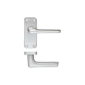 Zoo Hardware Contract Aluminium Lever on Latch Backplate in a polished aluminum finish, featuring a sleek lever design mounted on a rectangular backplate with visible screw holes.