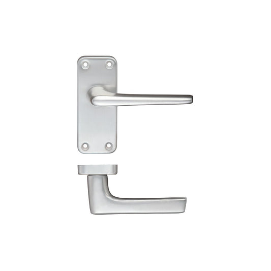 Zoo Hardware Contract Aluminium Lever on Latch Backplate in a sleek silver finish, featuring a modern design with a long lever handle and rounded shape, suitable for various door styles.