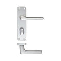 Zoo Hardware Contract Aluminium Lever on Privacy Backplate, featuring a sleek, elongated lever style in a brushed aluminum finish. The design includes a circular privacy turn and a straight handle underneath.