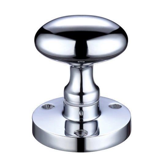 Zoo Hardware Oval Mortice Knob with a 60.5mm rose diameter, featuring a polished chrome finish and a rounded, smooth design on the knob and base.