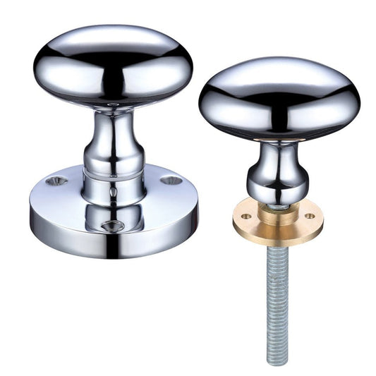 Zoo Hardware Oval Rim Knob with a 60.5mm rose diameter, featuring a shiny chrome finish and a smooth oval design, shown alongside its mounting screw.