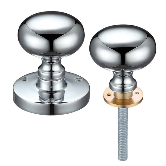 Zoo Hardware Mushroom Rim Knob with a 61.5mm rose diameter and 52mm diameter knob, featuring a polished chrome finish and a brass spindle for mounting.