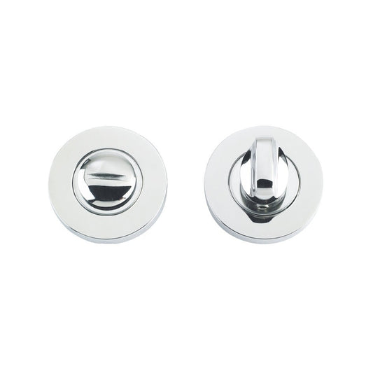 Zoo Hardware Turn and Release with Escutcheon - 52mm Rose in a polished chrome finish, featuring a round rose design and simple lever for door privacy.
