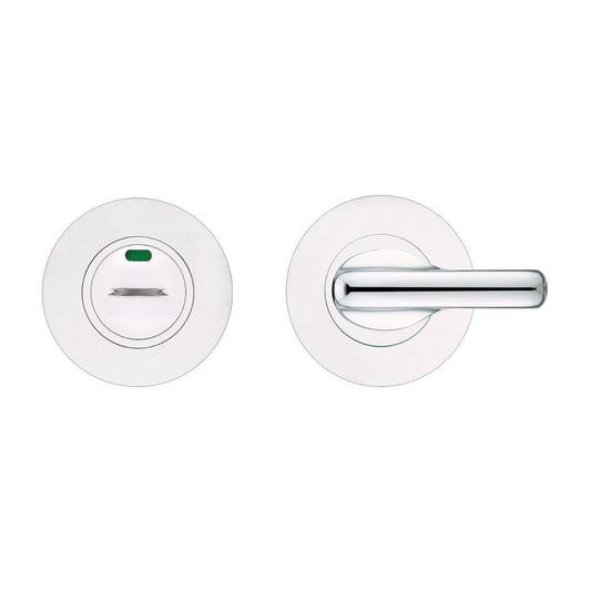 Zoo Hardware Disabled Turn and Release with Indicator, complete with escutcheons and a 5mm spindle. The set features a round backplate with a chrome finish and a lever handle for easy operation.