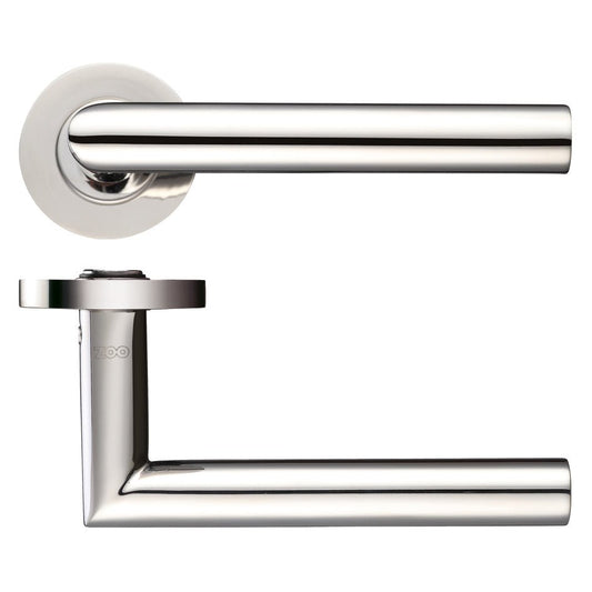 Zoo Hardware 19mm Mitred Lever on Round Rose in polished stainless steel, featuring a sleek cylindrical design with rounded edges and a circular rose mount.
