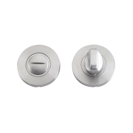 Zoo Hardware Thumb Turn and Release Complete with Escutcheons & 5mm Spindle - Grade 201 featuring a stainless steel finish, displayed with a circular release and a thumb turn, designed for door locking mechanisms.