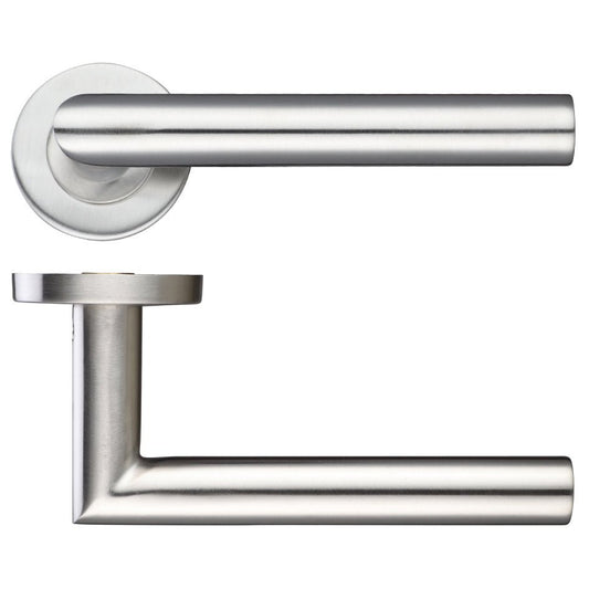 Zoo Hardware 19mm Mitred Lever in stainless steel finish with a push-on rose design, featuring a 52mm diameter. The lever has a sleek, modern shape, ideal for contemporary doors.
