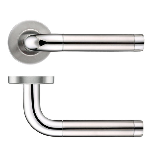 Zoo Hardware 19mm Radius Dual Finish Lever in stainless steel, featuring a push-on rose with a diameter of 52mm. The lever design is sleek with a polished and brushed finish.
