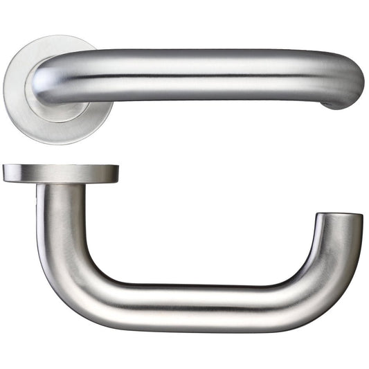 Zoo Hardware 22mm Return to Door Lever in brushed stainless steel, designed for push-on installation with a 52mm diameter rose. The lever features a sleek, curved design for functional use.
