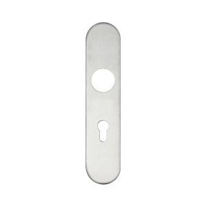 Zoo Hardware Radius Cover Plate for 19mm and 22mm Return to Door Lever on Backplate in a brushed metal finish, designed with a circular hole and keyhole for door hardware installation.