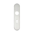 Zoo Hardware Radius Cover Plate for 19mm and 22mm Return to Door Lever on Backplate in a brushed metal finish, designed with a circular hole and keyhole for door hardware installation.
