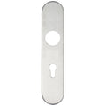 Zoo Hardware Radius Cover Plate for 19mm and 22mm Return to Door Lever on Backplate, featuring a sleek stainless steel finish and designed for easy installation with a round cutout and a keyhole for locking.